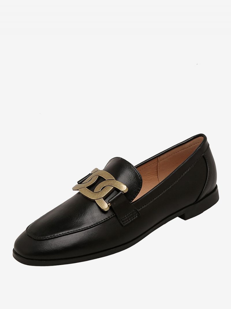 Kvinnors Slip-on Loafers Vita Runda Tå Platta Skor - Svart