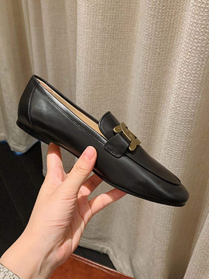 Kvinnors Slip-on Loafers Vita Runda Tå Platta Skor - Svart