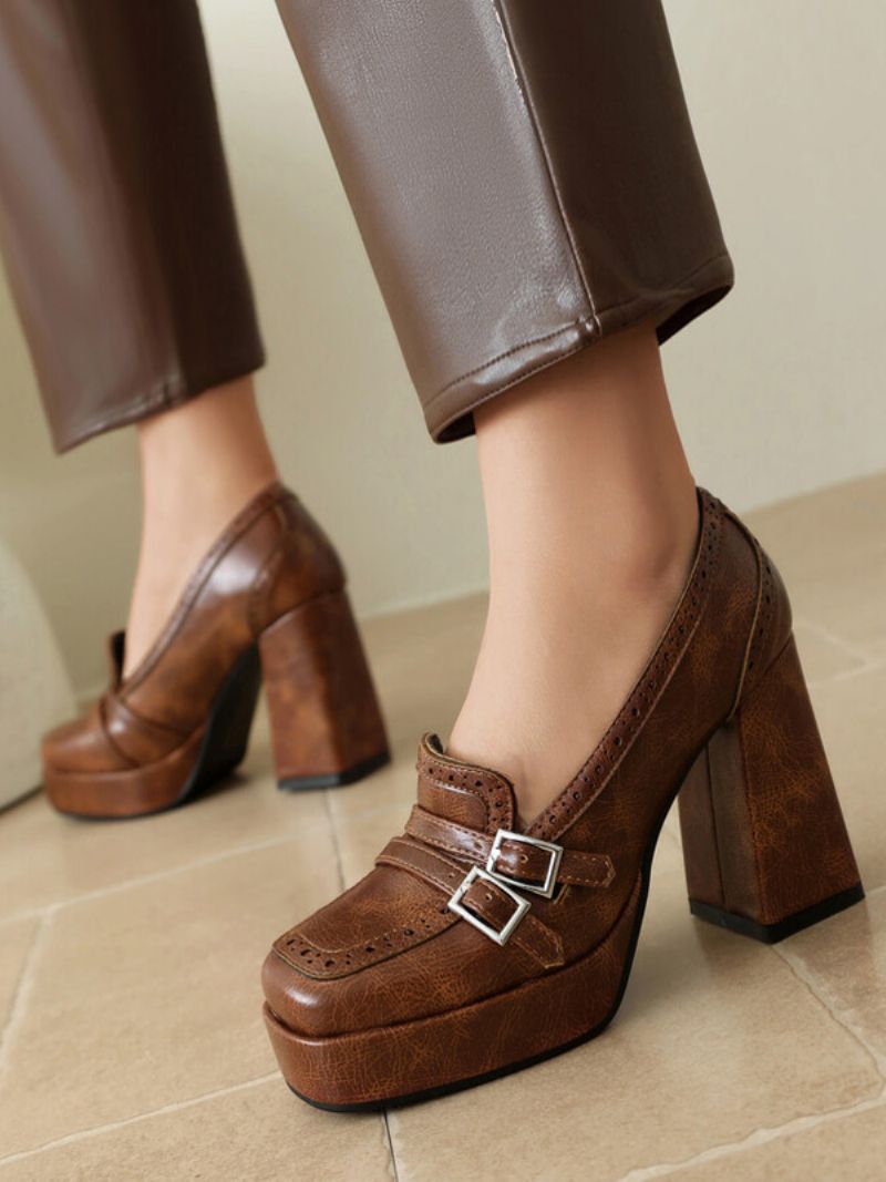 Kvinnors Spänne Chunky Heel Loafers Pu-läder