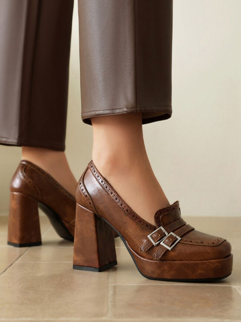 Kvinnors Spänne Chunky Heel Loafers Pu-läder - Kaffe Brun