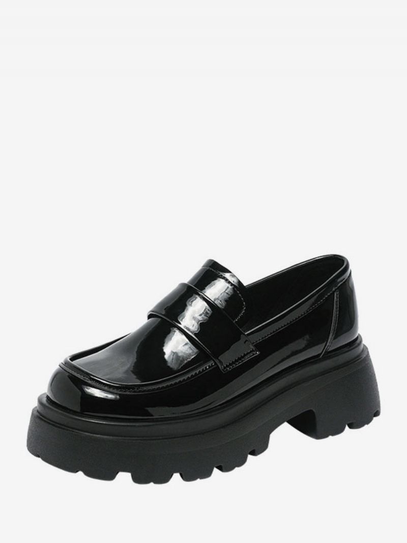 Kvinnors Svart Rund Tå Chunky Heel Slip-on Loafers