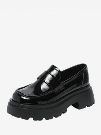 Kvinnors Svart Rund Tå Chunky Heel Slip-on Loafers