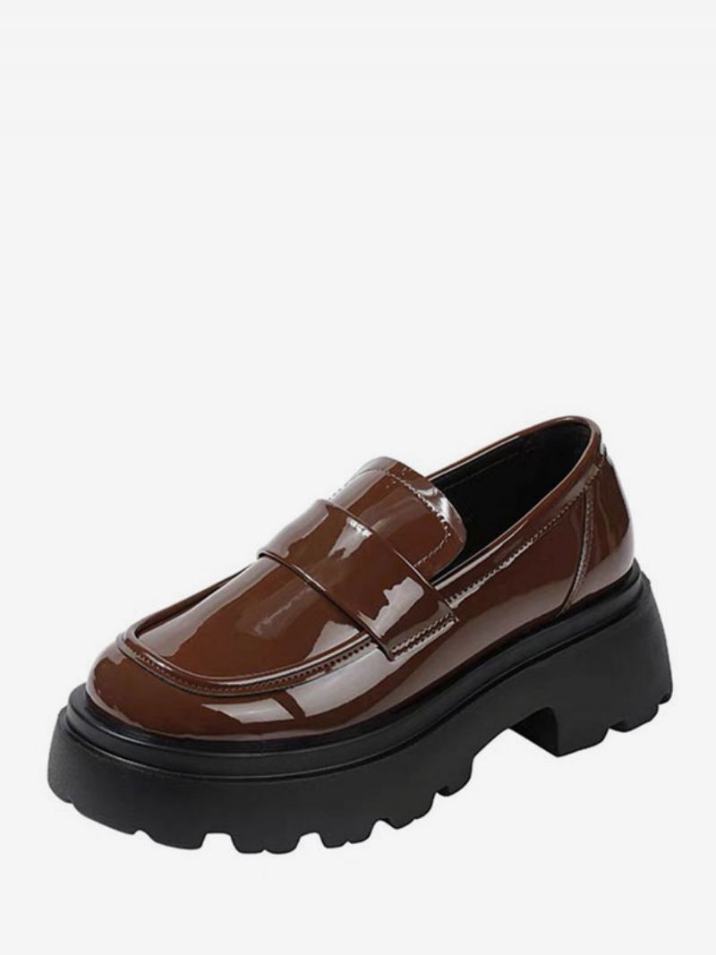 Kvinnors Svart Rund Tå Chunky Heel Slip-on Loafers - Kaffe Brun