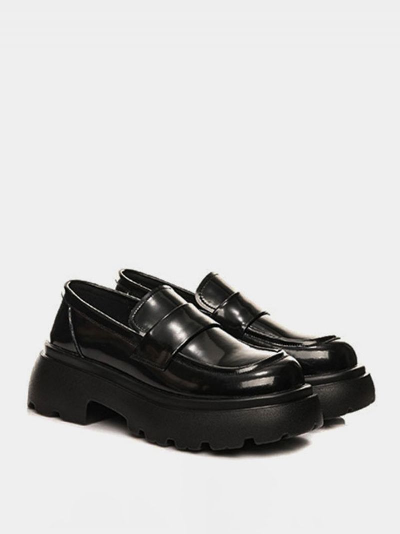 Kvinnors Svart Rund Tå Chunky Heel Slip-on Loafers - Svart