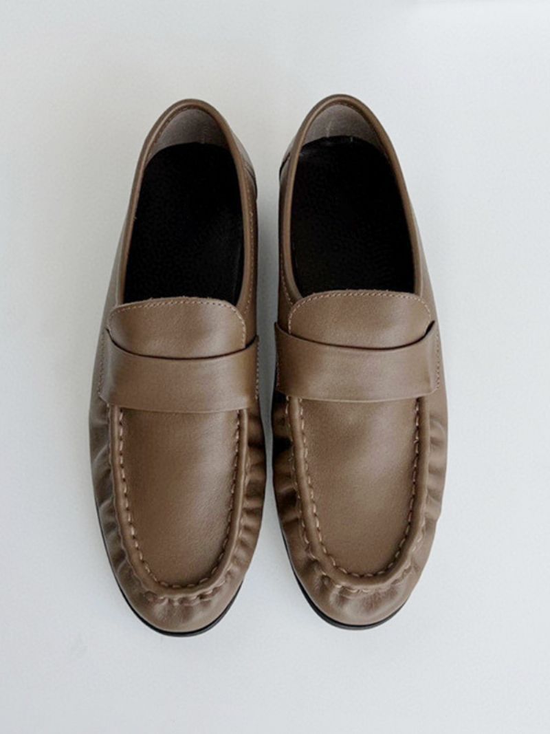 Kvinnors Vita Penny Loafers Rund Toe Slip-on Platta Skor - Kaffe Brun