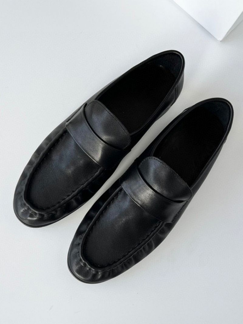 Kvinnors Vita Penny Loafers Rund Toe Slip-on Platta Skor - Svart