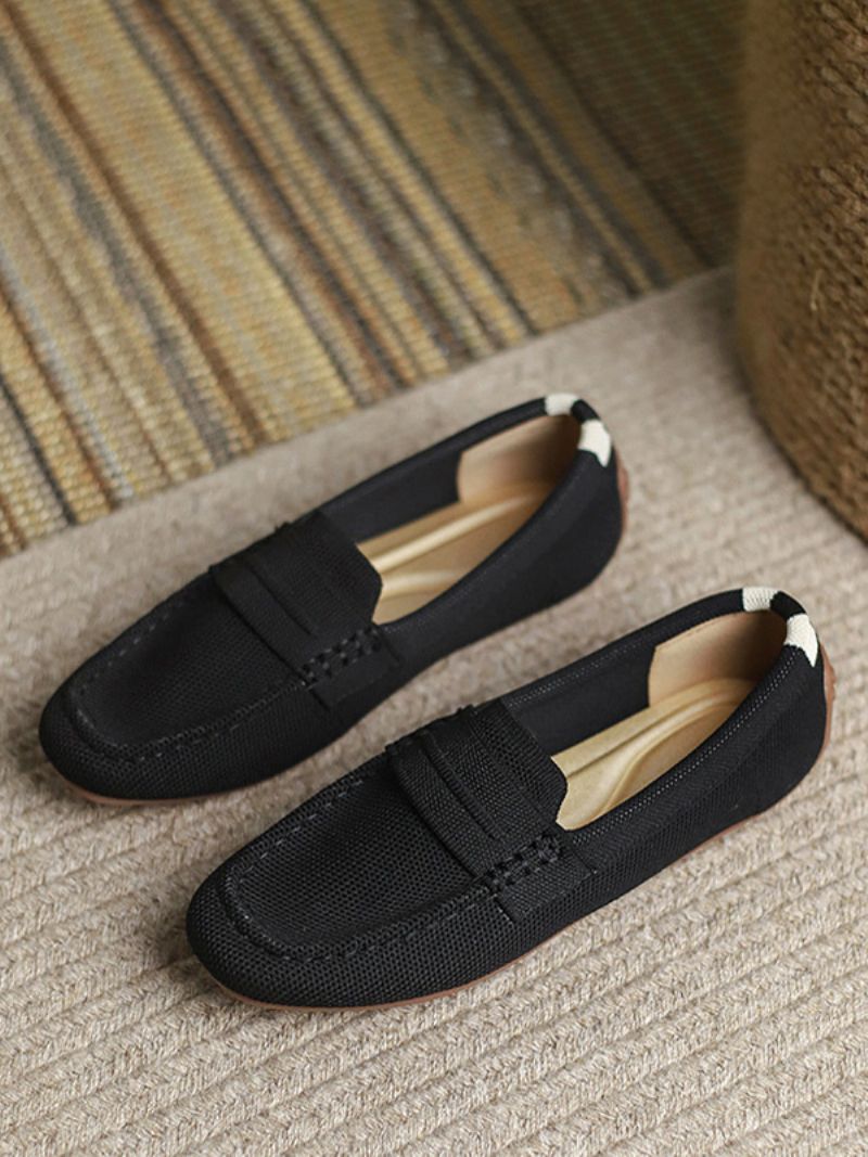 Platta Loafers För Kvinnor Rund Tå Slip-on Casual Skor - Svart