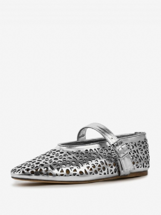 Silver Balett Platta Skor Kvinnor Rund Toe Cut Out Spänne Detalj Ballerina