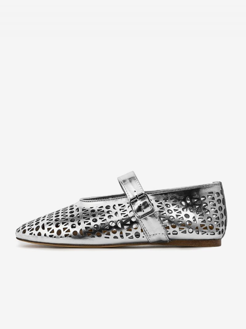 Silver Balett Platta Skor Kvinnor Rund Toe Cut Out Spänne Detalj Ballerina - Silver