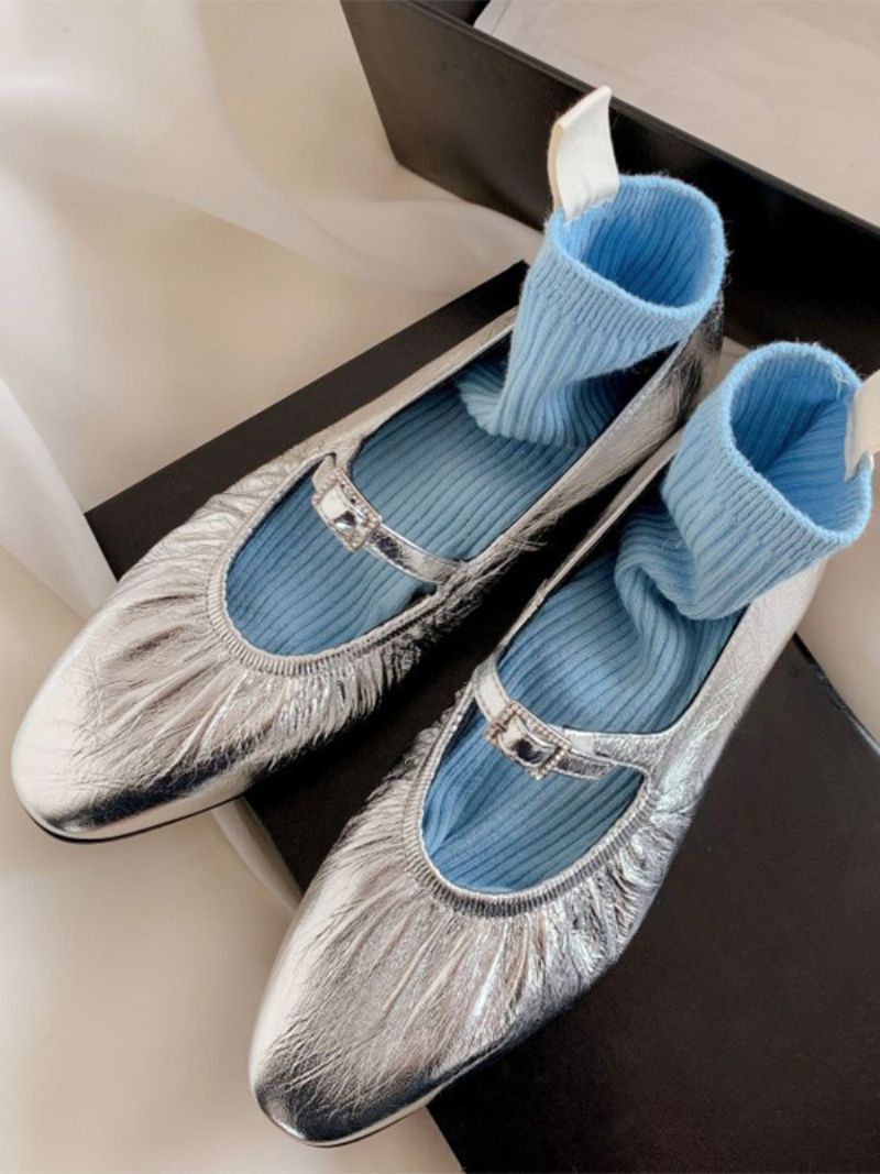 Silver Ballerina Platta Skor Dam Spänne Detalj Rund Toe Balett - Silver