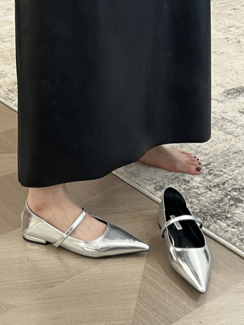 Svart Dambalett Med Spetsad Tå Mary Jane Flat Pumps - Silver