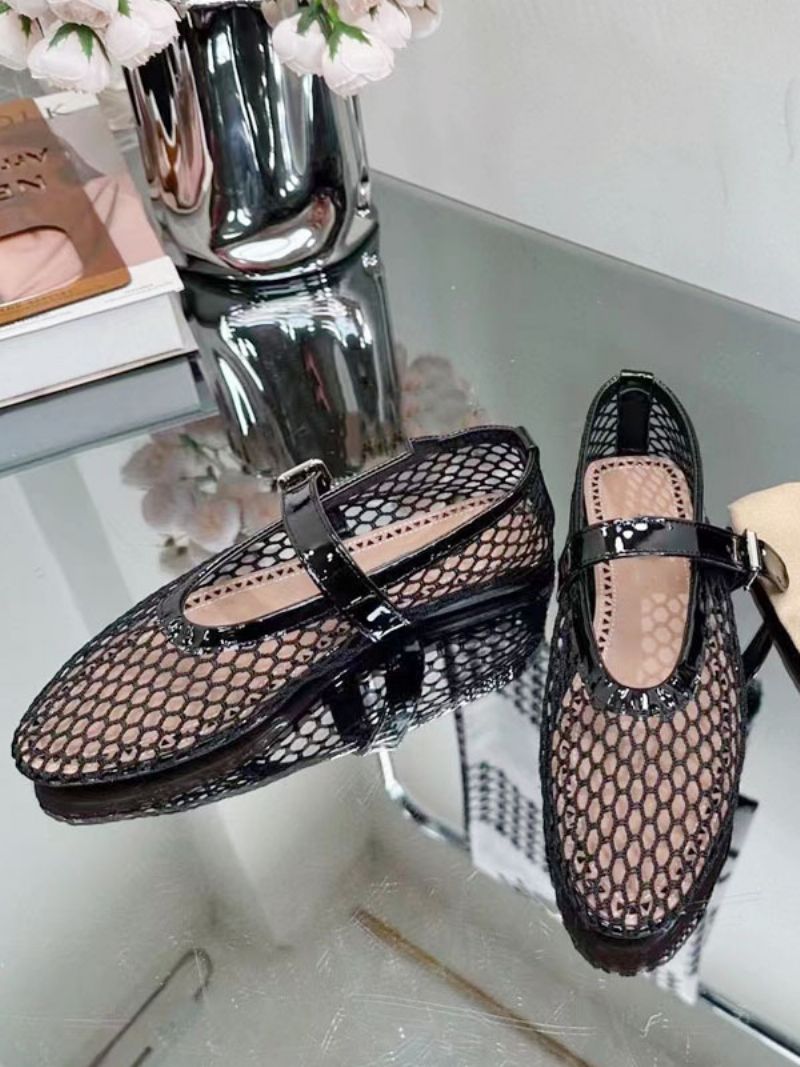 Svarta Balettkläder För Damer Rund Tå Fishnet Mary Jane Ballerina Platta Skor - Svart