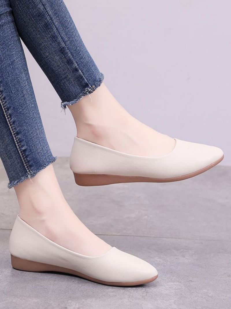 Vita Platta Skor För Kvinnor Spetsiga Tå Slip-on Pu Läder Ballerina - Beige