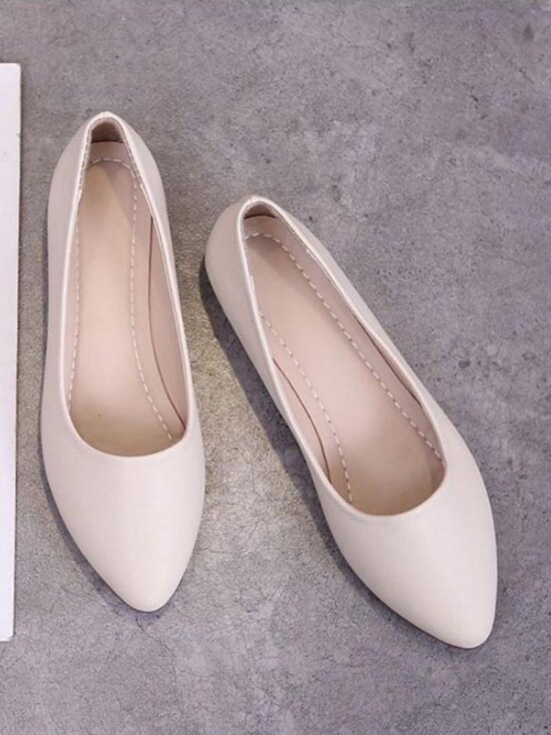 Vita Platta Skor För Kvinnor Spetsiga Tå Slip-on Pu Läder Ballerina - Beige