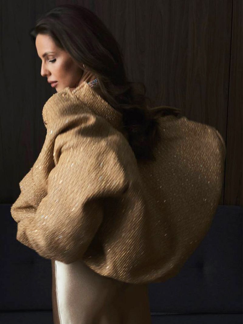 Dam Guld Paljetter Jacka Stativ Krage Flikfickor Oversized Retro Coat - Guld