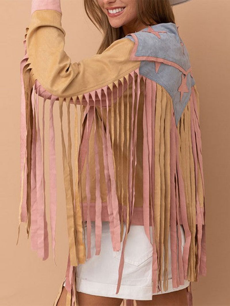 Damjacka Turndown-krage Fringe Geometrisk Pu-läder Ytterkläder - Rosa