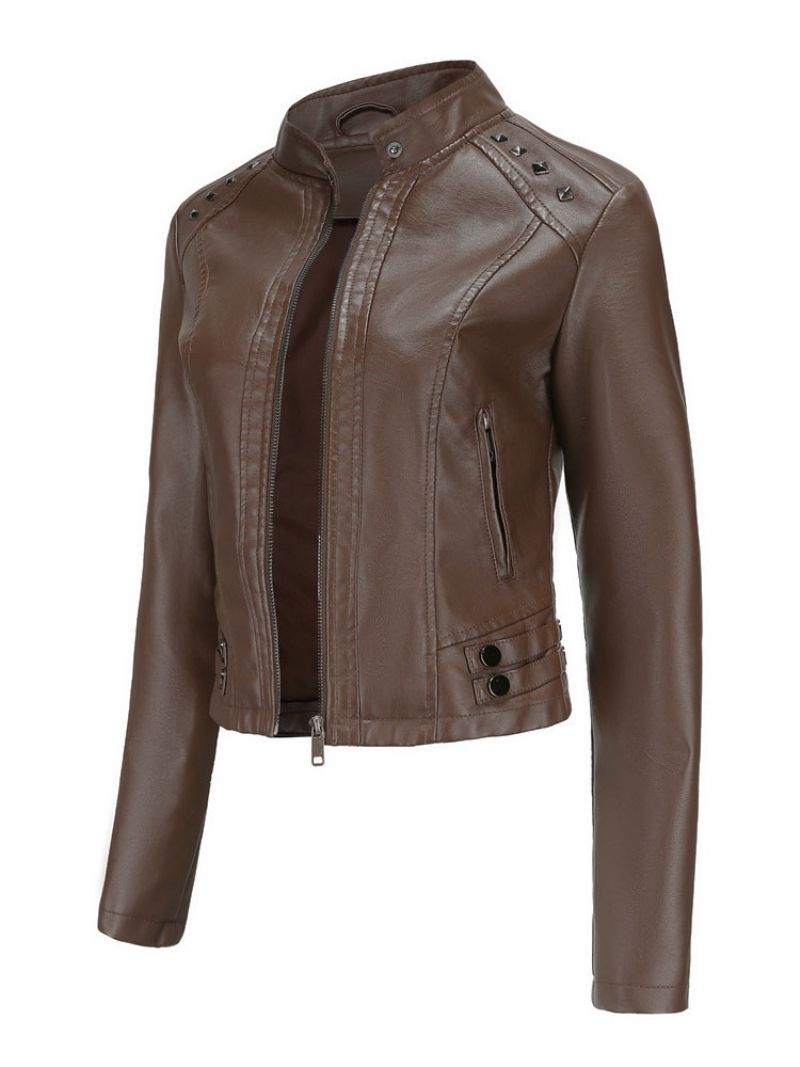 Imiterad Läderjacka Pu Nit Zip Up Stand Collar Spring Fall Street Biker Ytterkläder För Kvinnor - Djupt Brun