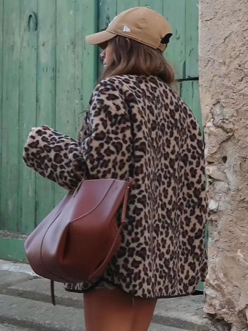 Leopard Jacka Fickor Knappar Casual Höst Vårjackor För Dam - Kaffe Brun