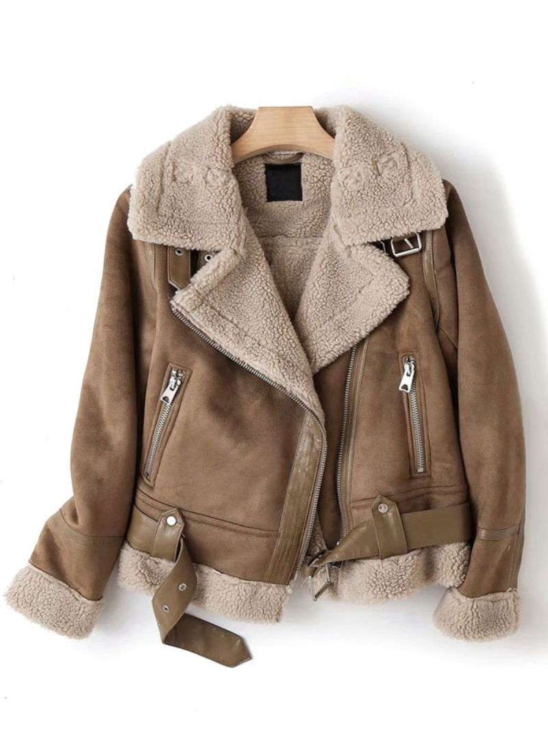 Mockajacka Faux Shearling Vinterkappa Ytterkläder För Dam - Kaki