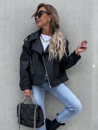 Motojacka I Konstläder Svart Lapel Zip Up Pu Oversized Vår Höst Biker Ytterkläder För Kvinnor