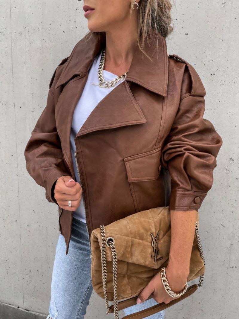 Motojacka I Konstläder Svart Lapel Zip Up Pu Oversized Vår Höst Biker Ytterkläder För Kvinnor - Kaffe Brun