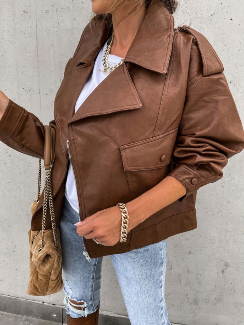 Motojacka I Konstläder Svart Lapel Zip Up Pu Oversized Vår Höst Biker Ytterkläder För Kvinnor - Kaffe Brun