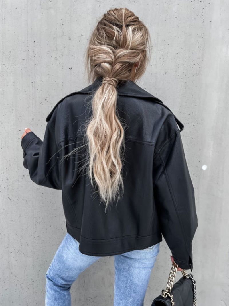 Motojacka I Konstläder Svart Lapel Zip Up Pu Oversized Vår Höst Biker Ytterkläder För Kvinnor - Svart