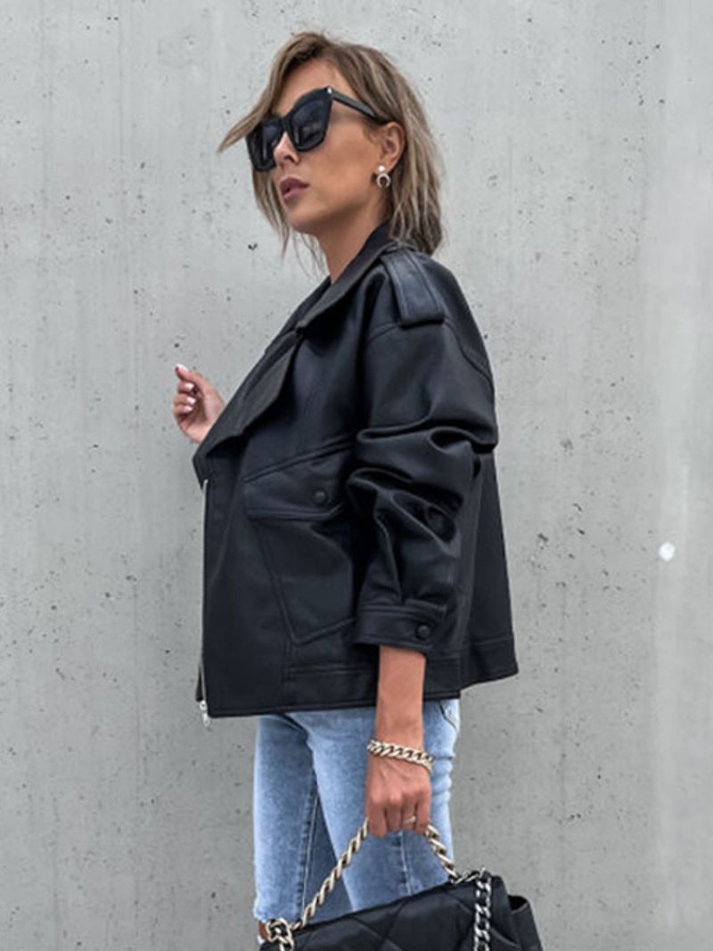 Motojacka I Konstläder Svart Lapel Zip Up Pu Oversized Vår Höst Biker Ytterkläder För Kvinnor - Svart