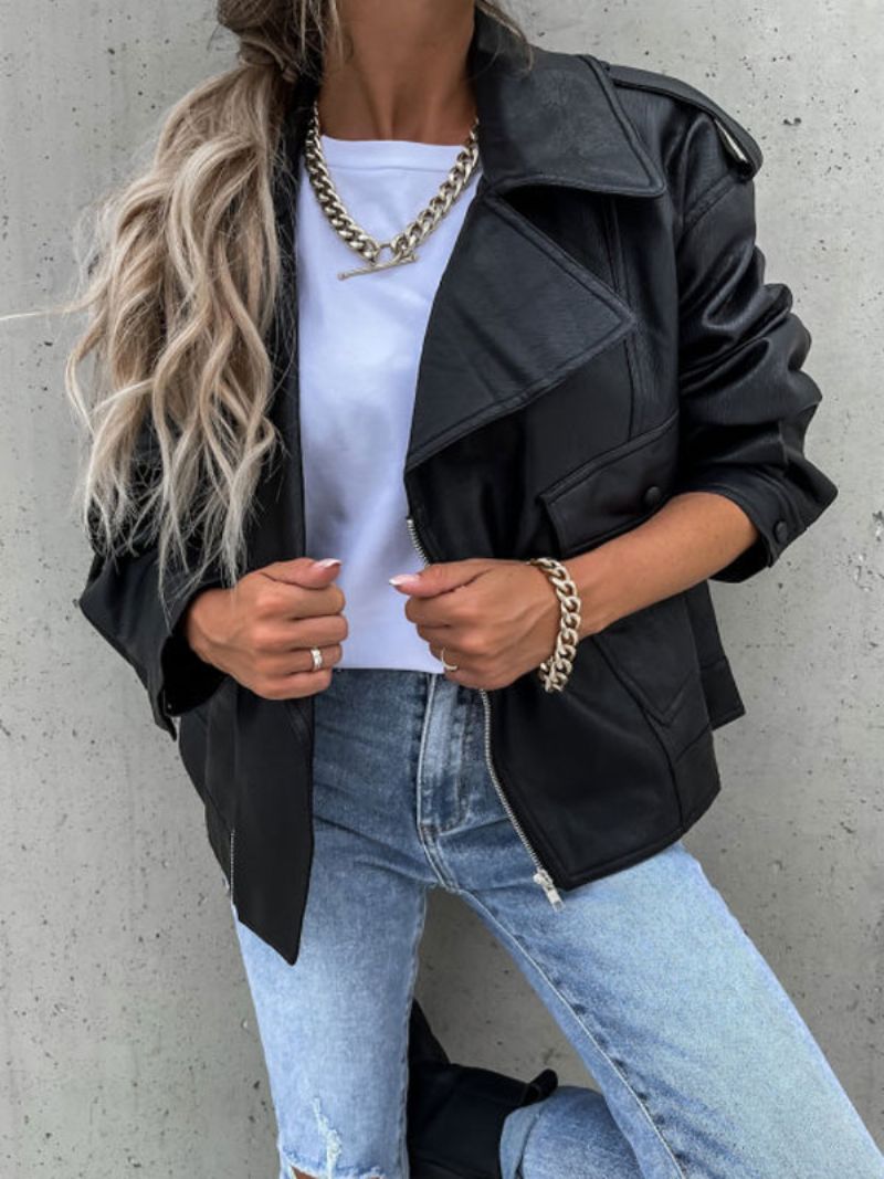 Motojacka I Konstläder Svart Lapel Zip Up Pu Oversized Vår Höst Biker Ytterkläder För Kvinnor - Svart