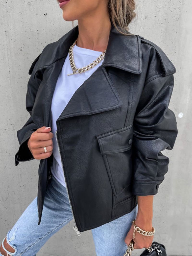 Motojacka I Konstläder Svart Lapel Zip Up Pu Oversized Vår Höst Biker Ytterkläder För Kvinnor - Svart