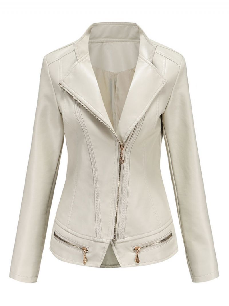 Motojacka I Pu-läder Zip Up Spring Biker Ytterkläder För Kvinnor - Beige