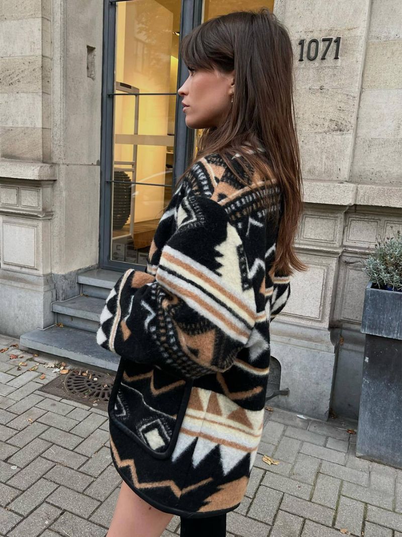 Oversized Aztec Printed Jacka Drop Shoulder Front Buttons Ytterkläder För Kvinnor - Svart