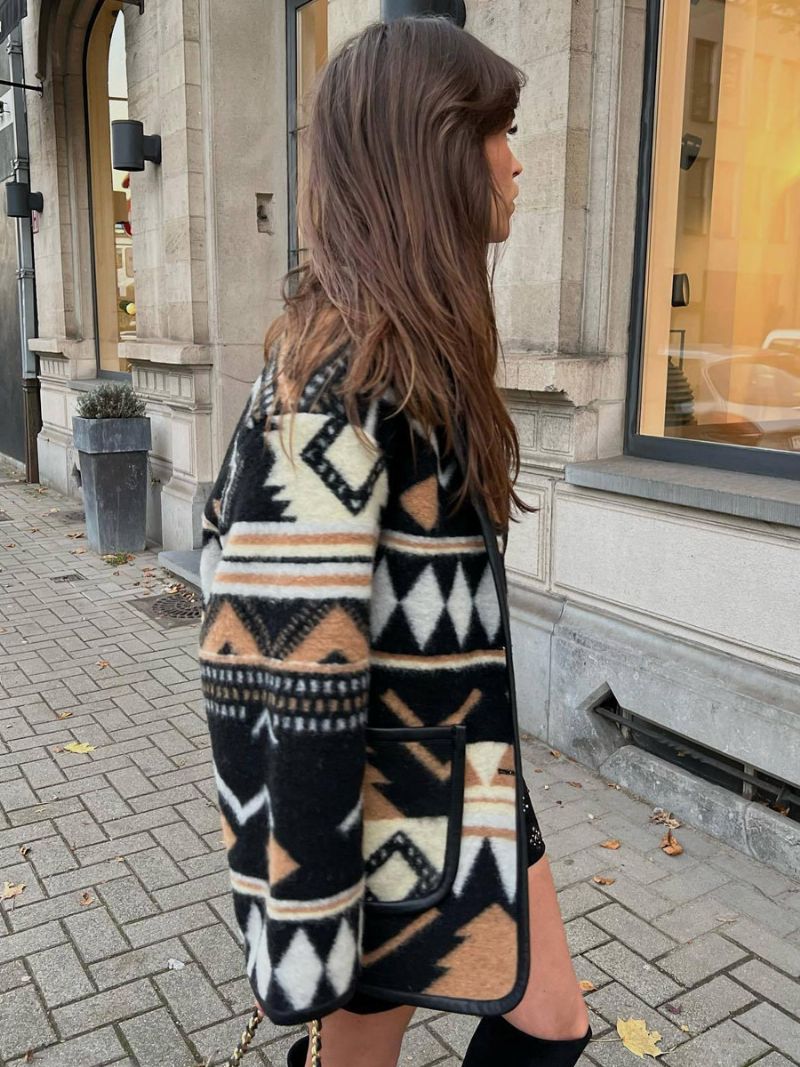 Oversized Aztec Printed Jacka Drop Shoulder Front Buttons Ytterkläder För Kvinnor - Svart