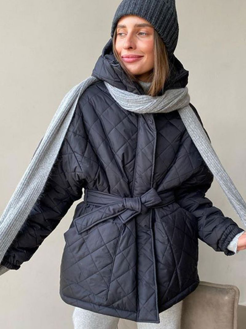 Quiltad Jacka Hooded Belted Cotton Fyllning Vinter Ytterkläder För Dam