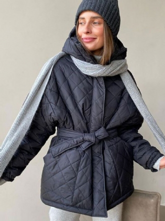 Quiltad Jacka Hooded Belted Cotton Fyllning Vinter Ytterkläder För Dam