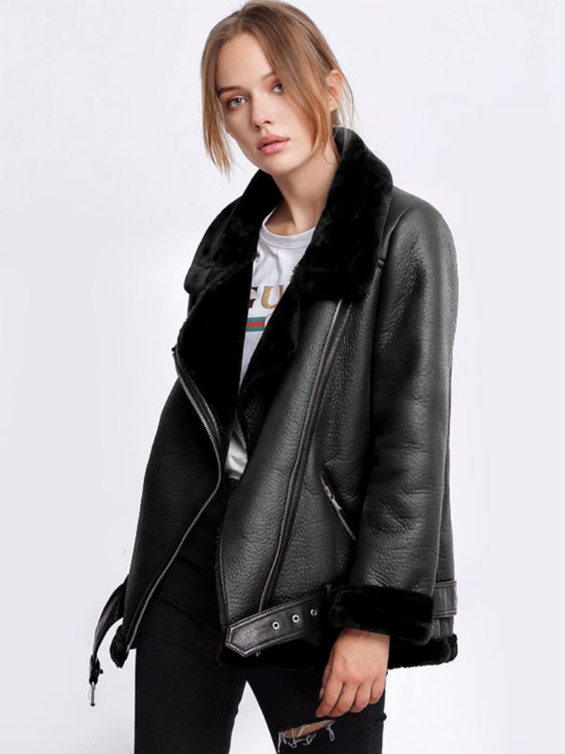 Skinnjacka Dam Faux Shearling Pu Motojacka Vinter Ytterkläder