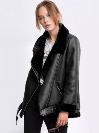 Skinnjacka Dam Faux Shearling Pu Motojacka Vinter Ytterkläder