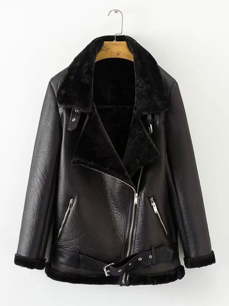 Skinnjacka Dam Faux Shearling Pu Motojacka Vinter Ytterkläder - Svart