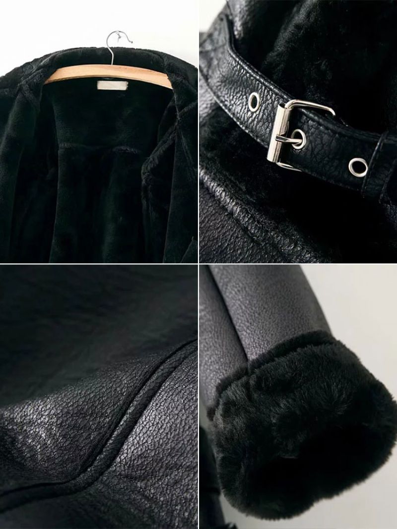 Skinnjacka Dam Faux Shearling Pu Motojacka Vinter Ytterkläder - Svart