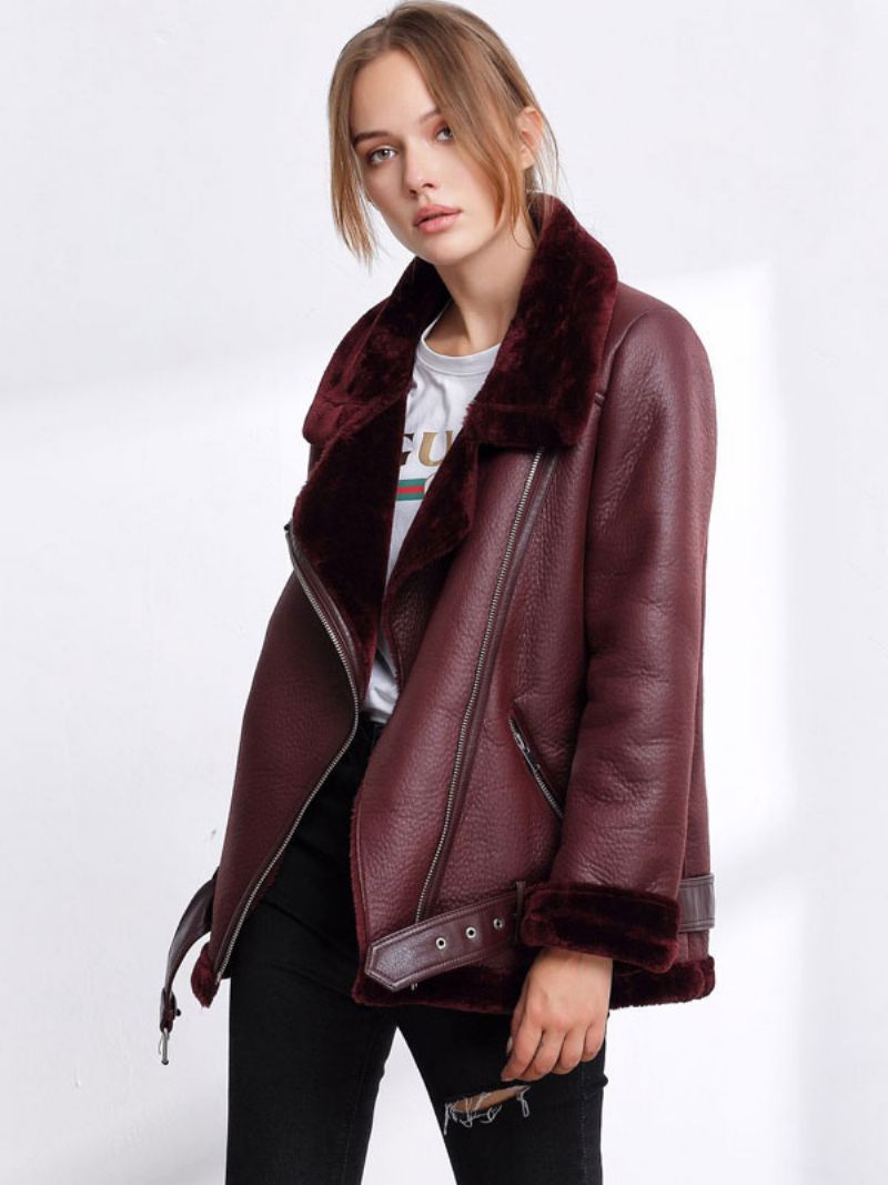 Skinnjacka Dam Faux Shearling Pu Motojacka Vinter Ytterkläder - Bourgogne