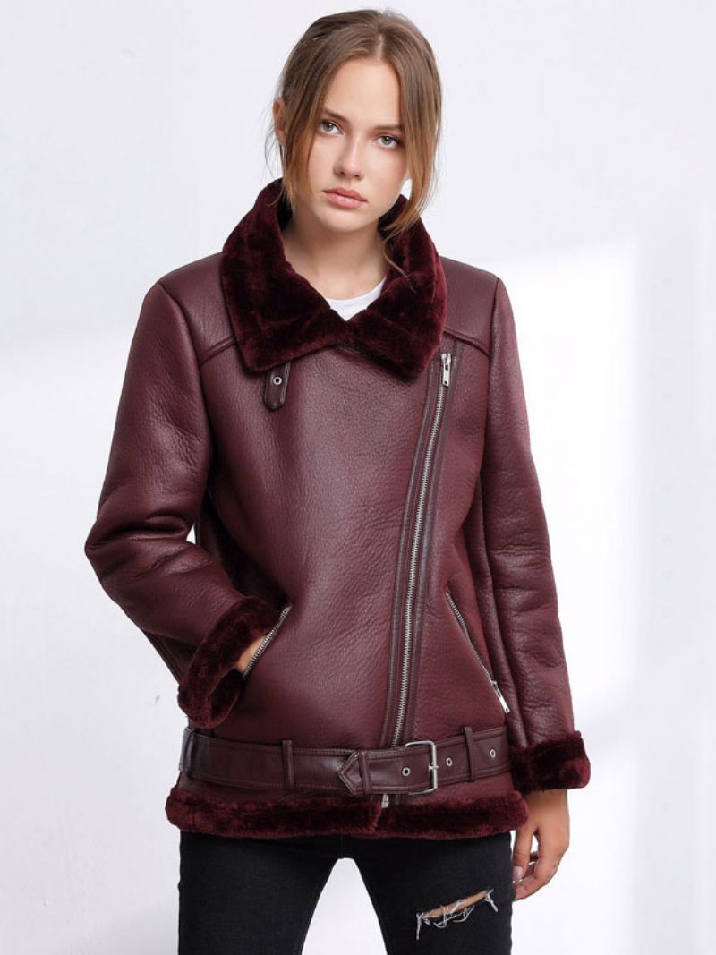 Skinnjacka Dam Faux Shearling Pu Motojacka Vinter Ytterkläder - Bourgogne