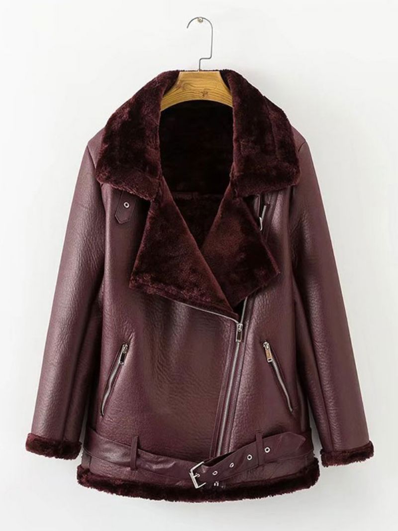 Skinnjacka Dam Faux Shearling Pu Motojacka Vinter Ytterkläder - Bourgogne