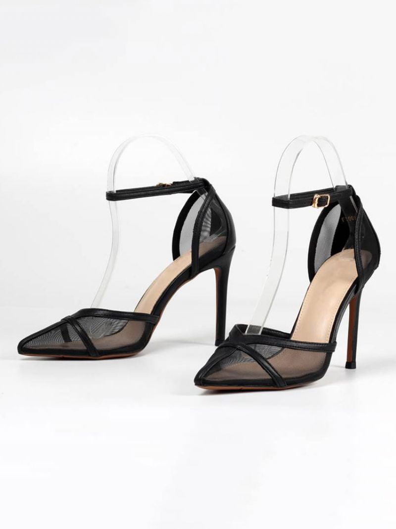 Dam Ankelrem Stiletto Prom Heel Pumps I Gult Med Mesh - Svart