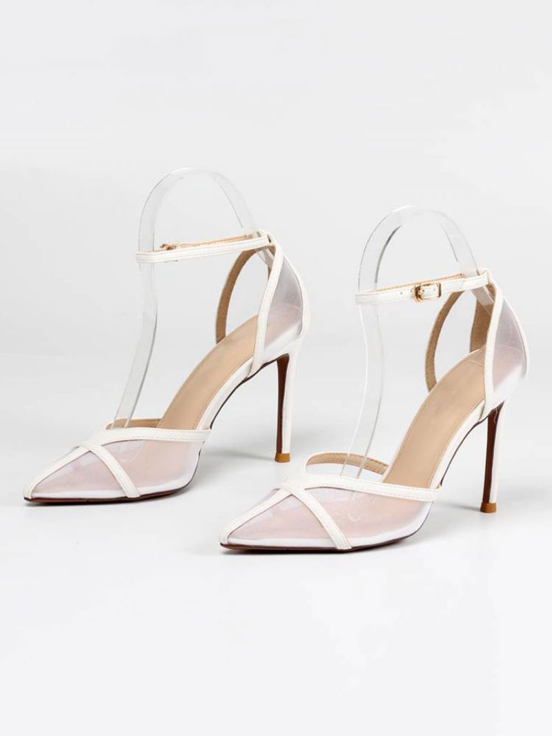 Dam Ankelrem Stiletto Prom Heel Pumps I Gult Med Mesh - Vit