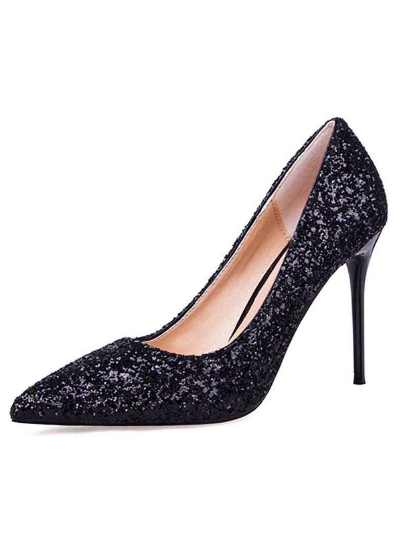 Dam Glitter Prom Skor Spetsiga Tå Stiletto High Heel Pumps - Svart