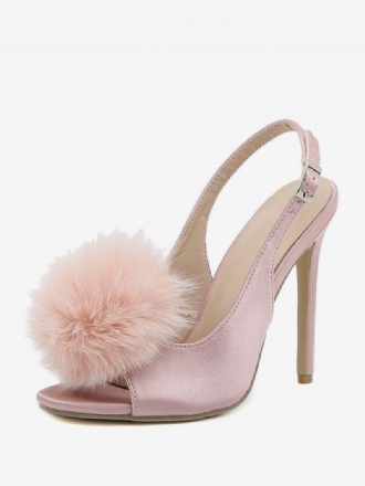 Dam Högklackat Satin Öppen Tå Stilettklack Slingback Pumps Med Pom Poms