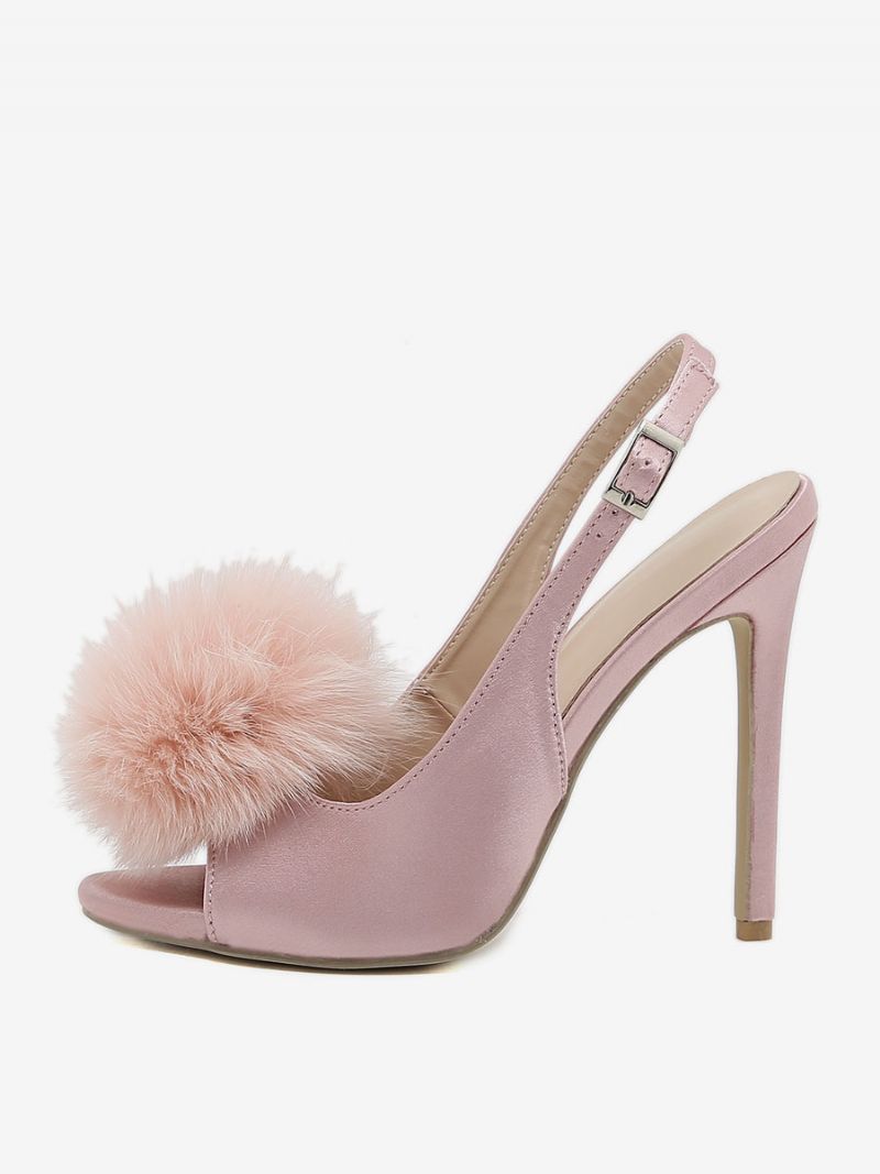 Dam Högklackat Satin Öppen Tå Stilettklack Slingback Pumps Med Pom Poms - Ljusrosa