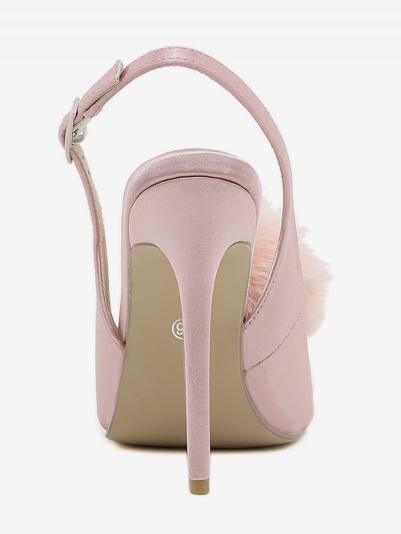 Dam Högklackat Satin Öppen Tå Stilettklack Slingback Pumps Med Pom Poms - Ljusrosa