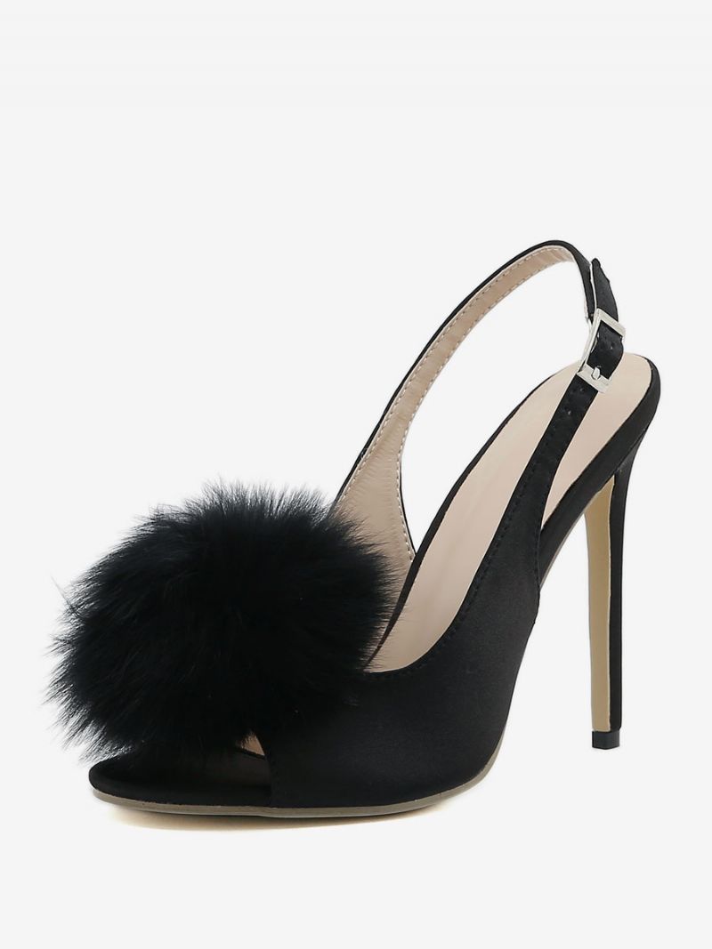 Dam Högklackat Satin Öppen Tå Stilettklack Slingback Pumps Med Pom Poms - Svart