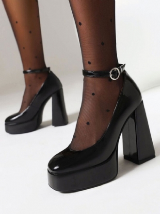 Dam Högklackat Svart Rund Tå Chunky Heel Ankel Strap Pumps